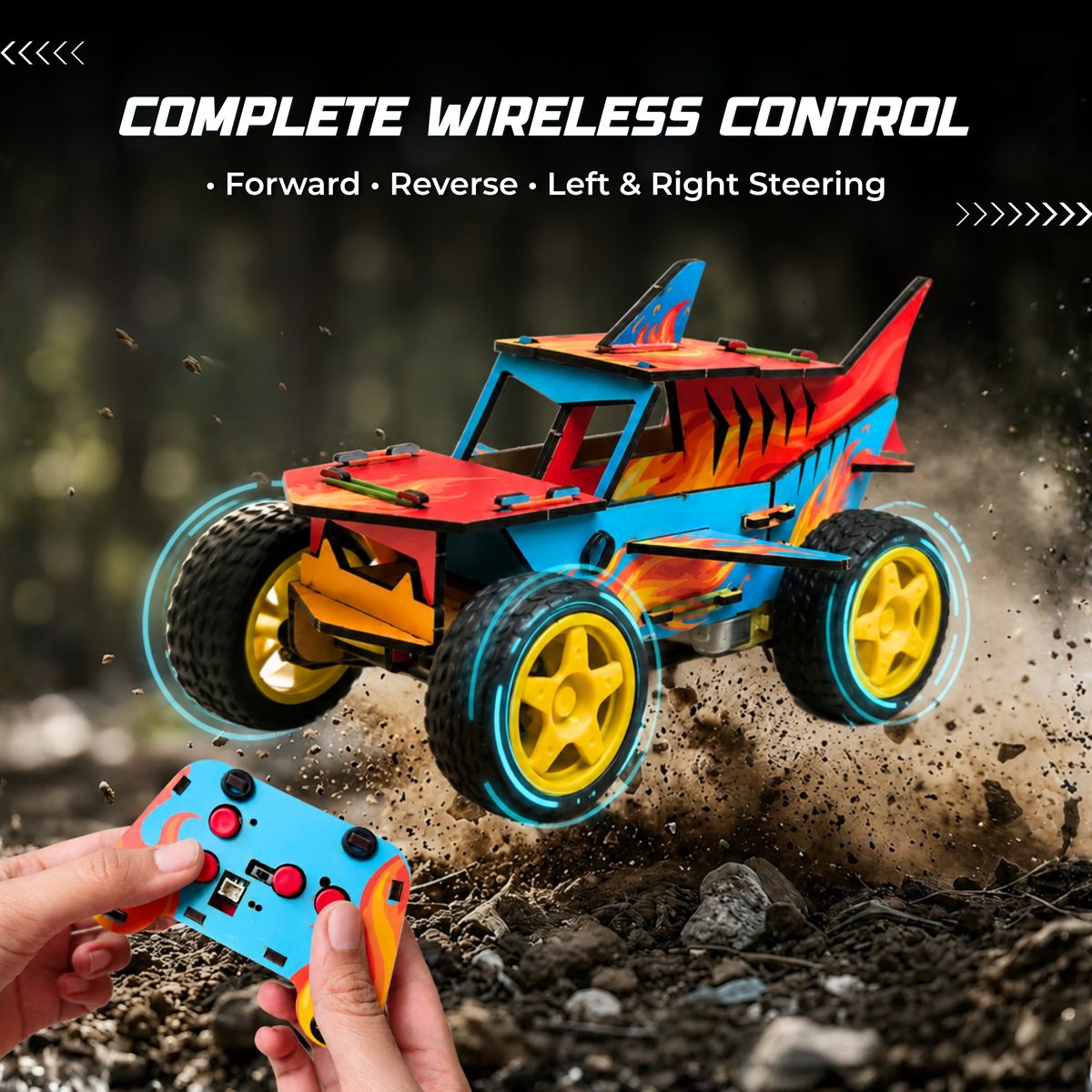 70+ parts — MDF sheets, motors, wheels, remote, electronics
